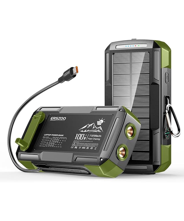 Solar Charger Power Bank 73200mAh, Portable Laptop Charger with 100W USB-C in/Output, Built-in Cables, Hand Crank Power Bank for Mobile Phones, Ideal for Outdoor Use with SOS/Strobe/Strong (green)