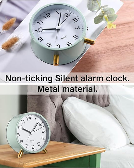 Tetino Analog Alarm Clocks,Retro Metal Desk Silent Non Ticking Small Clock with Night Light,Battery Operated,Simple Design,for Bedrooms, Bedside,Office,Home Décor (Green)