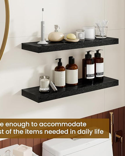 Dreamland 24Inch Floating Shelves for Wall, Rustic Wooden Black Floating Shelves for Bathroom|Bedroom|Kitchen, Deep Wall Mounted Book Shelf, Wood Storage Display Shelf for Home Decor, Set of 2
