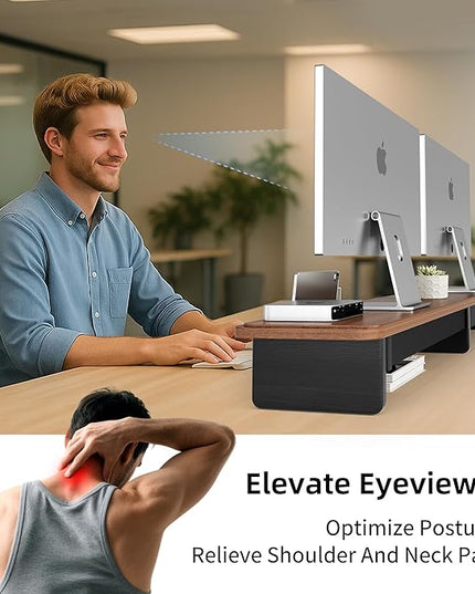Large Dual Monitor Stand For Desk,43 Inch Desktop Computer Riser with Metal Drawer Desk Shelf Organizer For Computer/Laptop/PC/Printer/TV