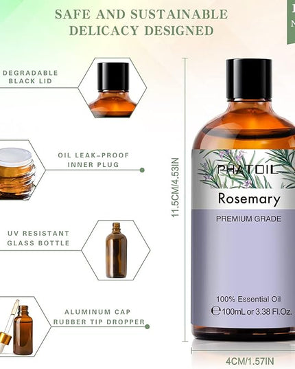 PHATOIL 3.38FL.OZ Rosemary Essential Oil, for Aromatherapy Diffusers, Humidifiers, Great for DIY Candle and Soap Making, Huge 100ML Bottle