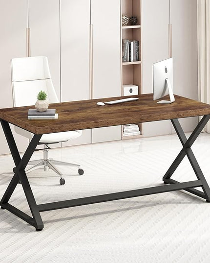 IBF Rustic Computer Desk, Industrial 47” Home Office Desk, Farmhouse Wood Metal Work Desk for Writing Study, Vintage Minimalist Executive Workstation PC Gaming Table in Bedroom, Rustic Brown