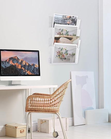EASEPRES 4 Pack Clear Single Pocket Hanging File Organizer, Plastic Wall Mount Paper Mails Magazines Holder, Mounted Folder Bins for Office, School and Home, 13.85x3.14x6.88 inches