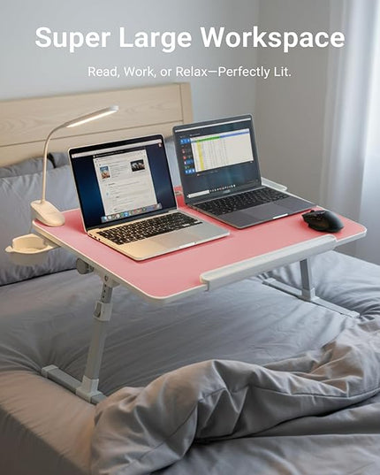 iXTRA Laptop Lap Desk with Cooling Fan - Adjustable Bed Desk with Light, Bed Table with Cup Holder&Phone Holder - Storage Drawer Desk - Folding Bed Desk,Pink,70x45cm