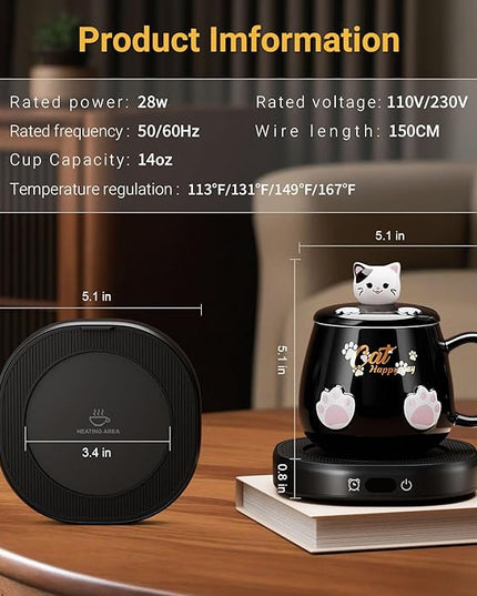 Coffee Mug Warmer & Cute Cat Mug Set, Beverage Cup Warmer for Desk Home Office with 4 Temperature Setting Up to 167℉/ 75℃, Coffee Warmer for Cocoa Milk Tea Water Candle, 8 Hours Auto Shut Off (Black)