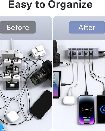 Powered USB 3.2 Hub, ACASIS 10 Ports USB 3.2 Hub with 10Gbps Data Speed, Aluminum Housing, USB Hub Powered with 48W Power Adapter, USB Hub for PC/Laptop, Computer, Flash Drive, Printer, Camera
