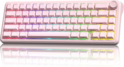 Keymatic 65% Layout Wireless Mechanical Keyboard,Cute Crystal Gaming Keyboard with Knob, Hot Swappable Pre-lubed Switches,Gasket Mounted RGB for Win/Mac,Pink