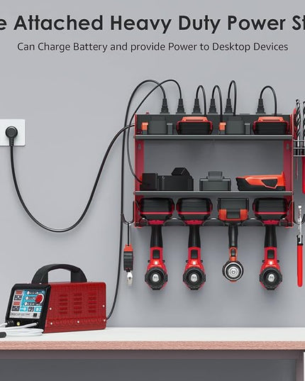 CCCEI Modular Power Tool Organizer Wall Mount with Charging Station. Garage Drill Storage Shelf with Hooks, Heavy Duty Rack, Tool Battery Holder Built in 8 Outlet. Gift for Men. Red, 1 Pack.