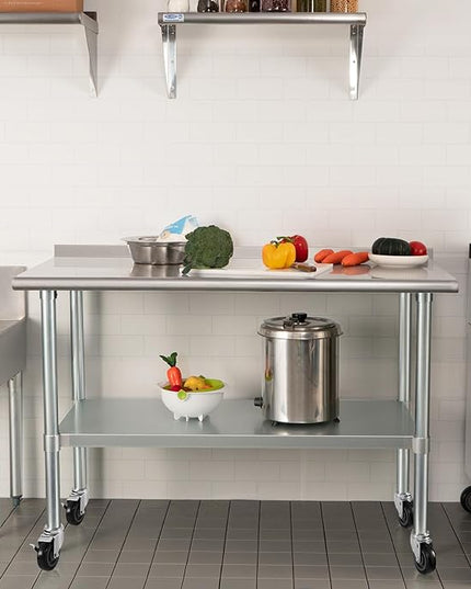 HARDURA Stainless Steel Table 24 x 72 Inches with Wheels Casters NSF Heavy Duty Commercial Prep Table with 2” Backsplash and Adjustable Undershelf for Restaurant Kitchen Home and Hotel