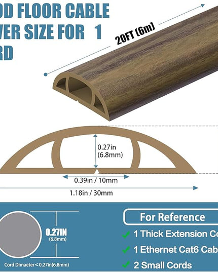 Floor Cord Covers for Wires 20FT Cable Hider Wire Cover Self Adhesive Cord Hider Floor for Offices, Homes, Workshops, Warehouses Cable Cavity 0.39" W x 0.27" H