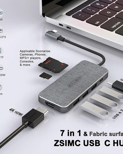 USB C Hub, ZSIMC 7-in-1 Docking Station Multiport Adapter with 4K HDMI, 100W Power Delivery, 3 USB 3.0 Ports, SD/TF Card Reader for MacBook Pro/Air, iPad Pro/Mini 6, Surface and More Type C Laptops
