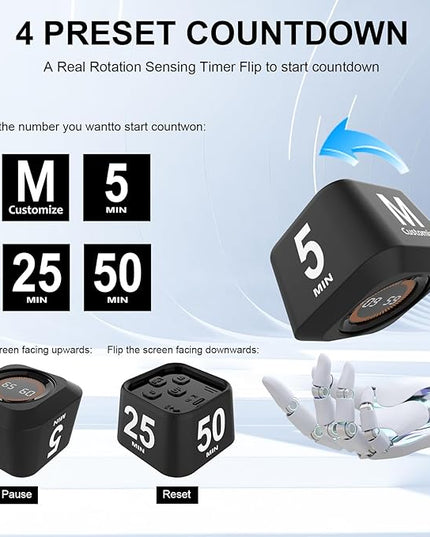 Rotating Cube Pomodoro Timer 5, 25, 10, 50 Min Preset + Custom Countdown, Desk Productivity Flip Visual Timer w/Silicone Case, Silent Mode, Ideal for ADHD Tool Study Work School (Black)