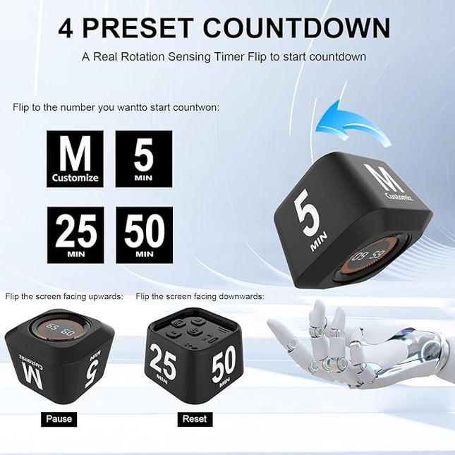 Rotating Cube Pomodoro Timer 5, 25, 10, 50 Min Preset + Custom Countdown, Desk Productivity Flip Visual Timer w/Silicone Case, Silent Mode, Ideal for ADHD Tool Study Work School (Black)