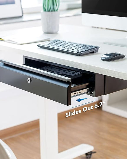 Mount-It! Under Desk Pull-Out Drawer with Lock and 2 Keys Included | Office Storage Organizer | Mounts to Desktops Tables and Workbenches Over 0.71 Inches Thick | Matte Black