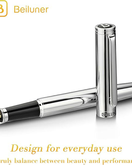 BEILUNER Silver Fountain Pen,Stunning Luxury Pens with Bright Silver Chrome, Gorgeous 24K Gilded Nib(Medium), Fancy Pen Gift for Men&Women -Ink Converter-Elegant, Office,Nice Pen for Writing