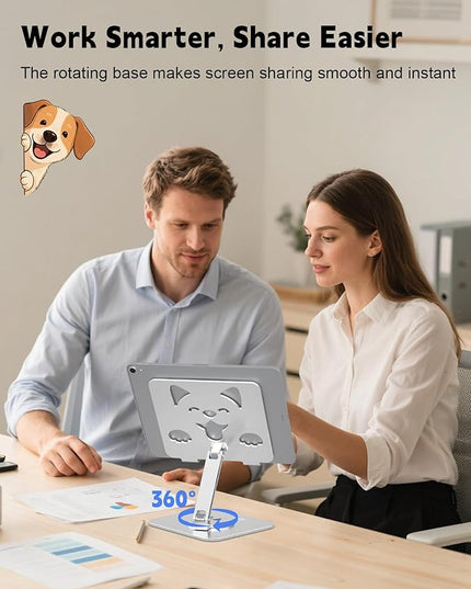 Aoviho Adjustable Tablet Stand for iPad - 360° Rotating Aluminum Desk Holder, Foldable Stable Stand for iPad Pro 12.9/11, Samsung Galaxy Tab, Home Office & Travel, Silver