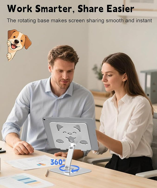 Aoviho Adjustable Tablet Stand for iPad - 360° Rotating Aluminum Desk Holder, Foldable Stable Stand for iPad Pro 12.9/11, Samsung Galaxy Tab, Home Office & Travel, Silver