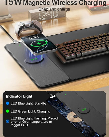 2-in-1 Mouse Pad with Magnetic Wireless Charging, Gaming Mouse Pad, 31.5"x15.8" Large Desk Mat for Laptop/Keyboard, Waterproof Smooth Surface, Non-Slip Base, No Adapter