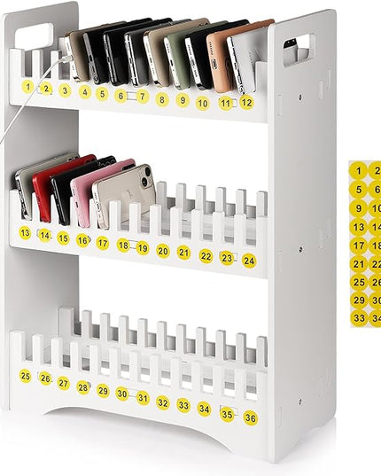 Cell Phone Holder Classroom Cell Phone Storage 3-Tier Multiple Cell Phone Stand Rack with 1-36 Number Stickers PVC Board Mobile Phone Holder Desktop Organizer for Classroom Office