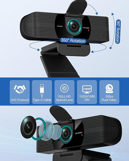 RUWBY Full HD 1080P Webcam with Built-in Dual Mics, Wide-Angle Lens, Privacy Cover, Tripod Stand, Autofocus PC Camera, Plug and Play for Desktop Computer or Laptop