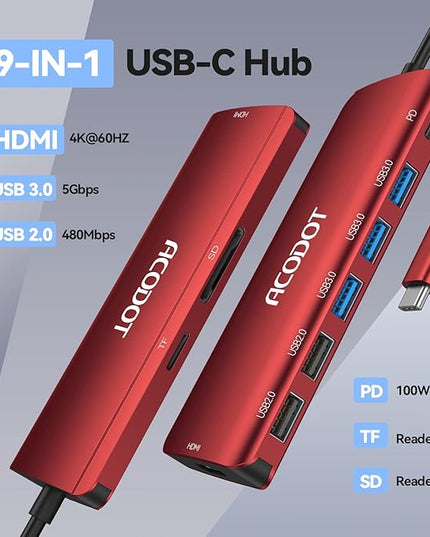 Acodot 9-in-1 USB C Hub Multiport Adapter - 4K@60HZ HDMI, 3 USB 3.0 Ports, SD/TF Card Reader, 100W PD for MacBook Pro Air HP XPS - Red