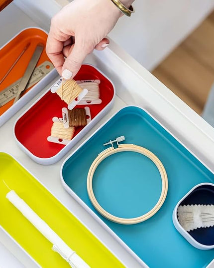 Three by Three Seattle 5 Piece Shallow Metal Organizer Tray Set for Storing Makeup, Stationery, Utensils, and More in Office Desk, Kitchen and Bathroom Drawers (1 Inch, Assorted Colors)