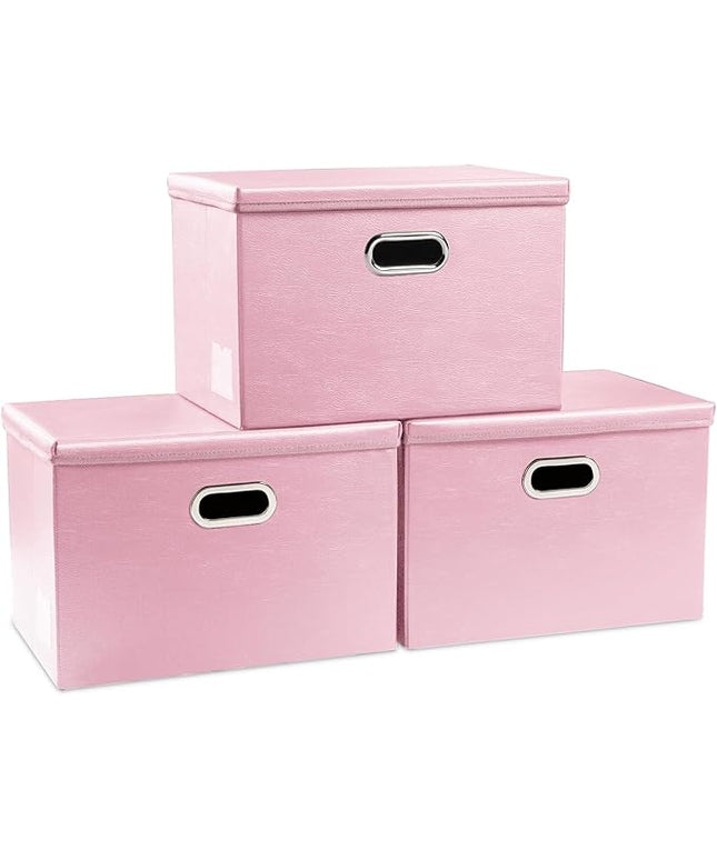 PRANDOM Collapsible Storage Bins with Lids [3-Pack] Leather Fabric Foldable Storage Boxes Organizer Containers Baskets Cube with Cover for Bedroom Closet Office Nursery Pink (14.9x10.8x10)