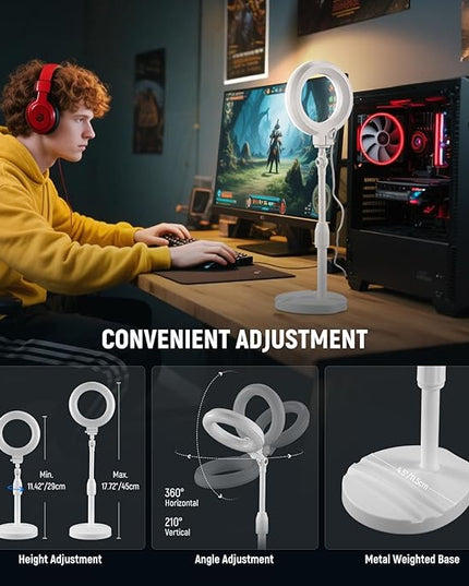 NEEWER BASICS 5"/13cm Desk Ring Light with Stand, 10W LED Selfie Light with Phone Holder Base Compatible with iPhone for Video Recording Laptop Webcam Zoom Video Conference Lighting Makeup, White BR60