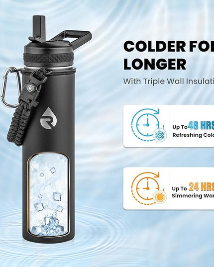 Insulated Water Bottle 24oz, Triple Wall Vacuum Stainless Steel (Cold for 48 Hrs, Hot for 24Hrs), Leak Proof & Non-BPA, 24oz Hydro Water Flask with Paracord Handle & Straw Spout Lids