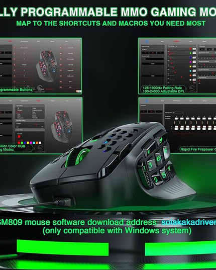 SOLAKAKA SM809 Gaming Mouse for MMO,24000 DPI,16 Programmable,RGB PC Gaming Mice,Black