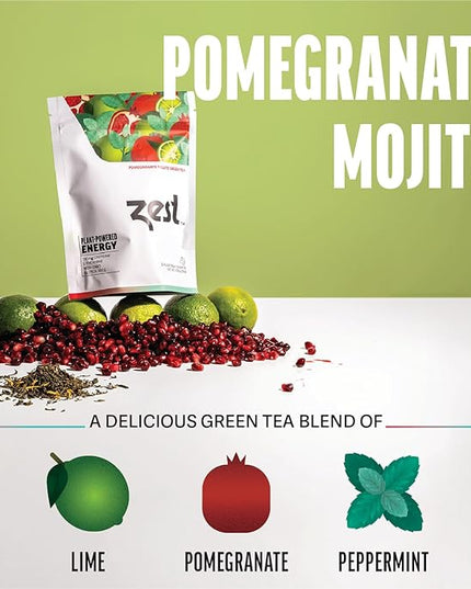Zest Energy Green Tea – Pomegranate Mojito High Caffeine Tea Bags for Focus & Morning Energy – Natural Caffeinated Tea with 135mg Caffeine – Coffee Substitute – 20Ct Pack, Non-GMO & Keto Friendly