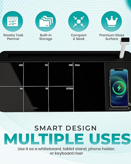 NEXTLUXE Glass Desk Whiteboard with Wireless Charger - Desktop Whiteboard with Storage, Weekly Planner, Dry Erase Pad, Organizer Drawer for Home, School, Office Gadgets – Black (Black)