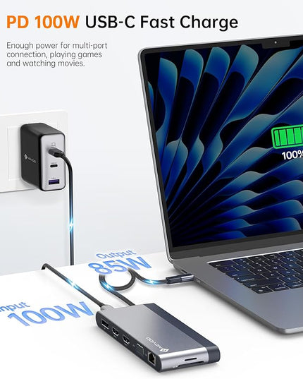 USB C Docking Station Quad Display, 14-in-1 Laptop Docking Station Dual Monitor, 8K@30Hz DP, Dual 4K@60Hz HDMI, VGA, 5 USB Data Ports, 100W PD, Ethernet, SD/TF, Mic/Audio, USB C HUB, Thunderbolt Dock
