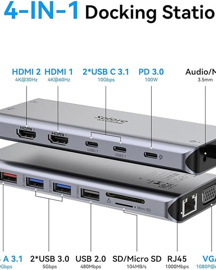 Selore USB C Docking Station Dual Monitor,LaptopDocking Station,14 in 1 Docking Station 3 Monitors with 2 HDMI,VGA,10G USB A/C,100W PD,6 USB A/C Ports,USB C Hub Multiport Adapter for Windows Laptop