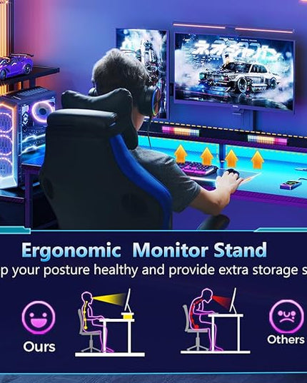 AODK 52 Inch Gaming Desk with USB Charging Ports & LED Light- Reversible Computer Desk with Storage Shelves & Monitor Stand, Modern Gamer Desk Table with Fabric Drawers & Side Hook, Carbon Fiber Black