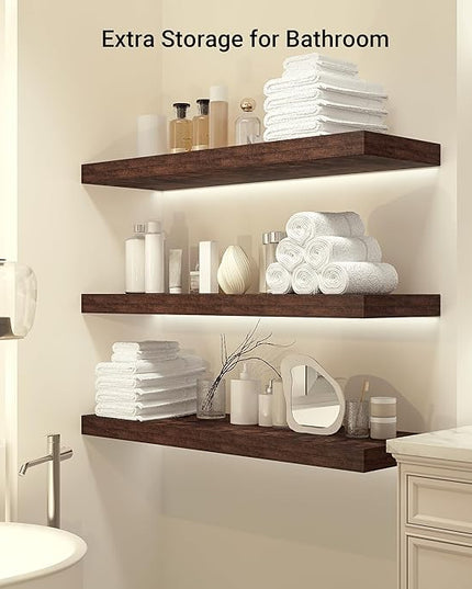 Heimlove 12" Deep Floating Shelves, 36 x 12 Inch Wall Mounted Long Floating Shelf with Invisible Brackets, for Home Decor, Bedroom, Kitchen, Living Room, Bathroom - 1 Pack, Rustic Brown
