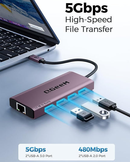 QGeeM USB C Hub Ethernet,9 in 1 USB Type C Hub HDMI Multi-Port Converter Adapter,100W Pd, USB 3.0,SD/TF Card Reader,Compatible for MacBook Pro Air Ipad HP Dell Lenovo Chromebook etc.-Violet