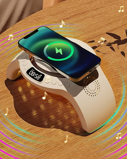 5 in 1 mutifunction Mobile Wireless Charger with Bluetooth Speaker, UV Nail Lights, Clock Alarm,Night Light