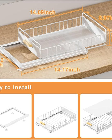 Under Sink Organizer, Single Tier Metal Pull Out Sliding Drawer Shelf for Kitchen Bathroom Cabinet Storage, Sturdy Rack – White