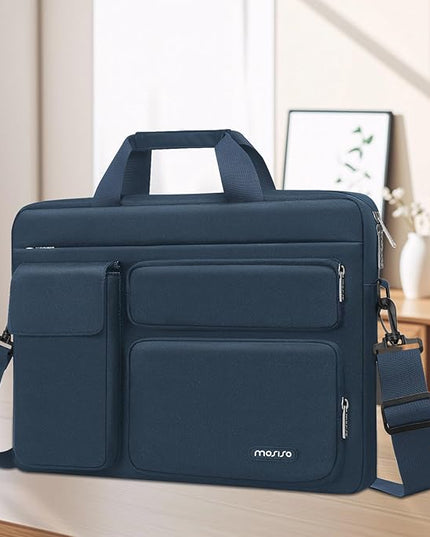 MOSISO Laptop Shoulder Bag 15.6 inch, 15-15.6 inch Computer Bag Compatible with MacBook Pro 16 inch, HP, Dell, Lenovo, Notebook with 2 Raised&1 Flapover&1 Horizontal Pocket&Handle&Belt, Haze Blue