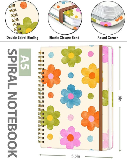 Spiral Journal Notebook for Women, Hardcover A5 College Ruled Notebook, 120 Pages, Thick Paper, Cute Lined Journal for School, Office & Work, 6 x 8.4 in(Cute Colorful Flower)