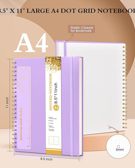 Dotted Notebook, Spiral Notebook Journal 8.5” x 11”, A4 Large Dot Grid Notebooks for Women Men, 100 GSM Dotted Paper, Plastic Hardcover Spiral Bullet Journals for Work School Sketching, Purple