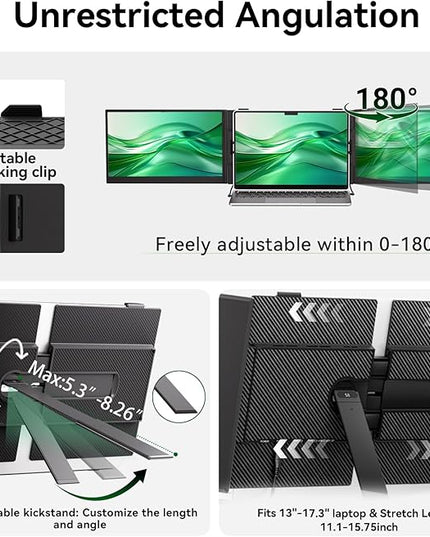 14" Triple Laptop Screen Extender, Ultra-Thin Lightweight FHD 1080P IPS Laptop Monitor Extender Portable, Extended Screen for Laptops 13-17.3" Compatible with Wins Mac Chrome Dex Phone Travel Work
