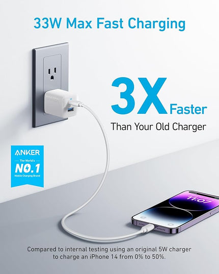 Anker USB C Charger Block, 33W 2 Port Compact Charger with Foldable Plug for iPhone 17/16 Series, Galaxy, and More (Cable Not Included, White)