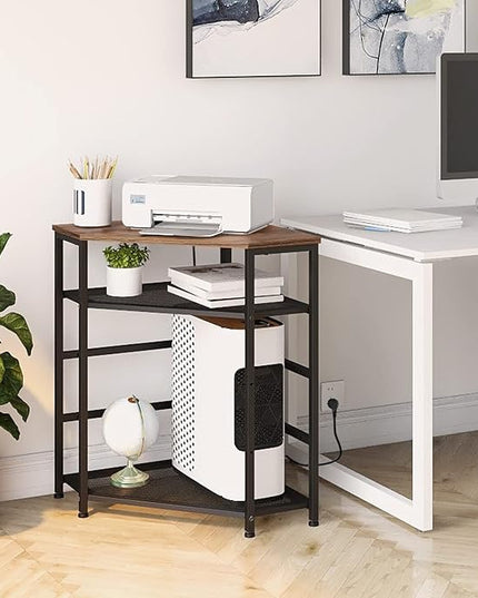VEDECASA Corner Printer Stand Table with Power Outlet Charging Plugs USB Port Adjustable Storage Shelf Computer Tower CPU Stand Holder for Home Office (Brown)