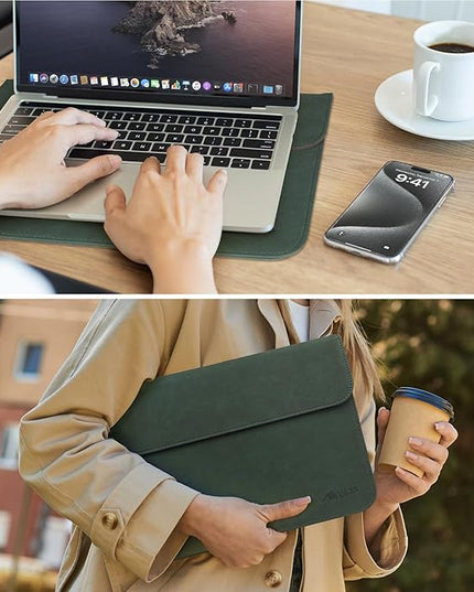 Allinside 13 Inch Laptop Sleeve Case for MacBook Air 13 2018-2025/MacBook Pro 13 2016-2022/Macbook Pro 14 2021-2024, Waterproof Matte PU Leather Horizontal Envelope Protective Case Cover, Dark Green