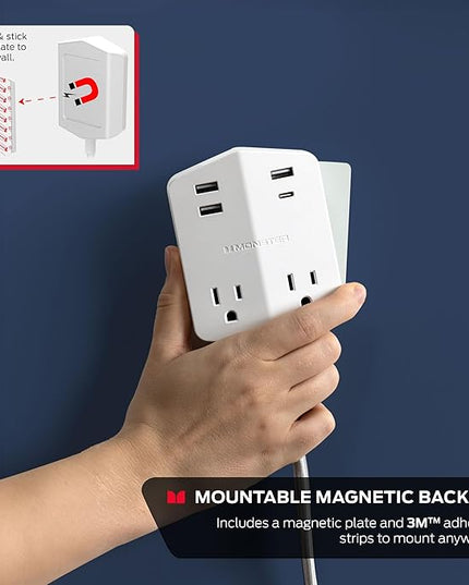 Monster Power Shield: Magnetic Wall Outlet Extender, Multiple Plug Outlet with 2 AC Outlets, 3 USB-A Ports, & 1 USB-C Port (20W)