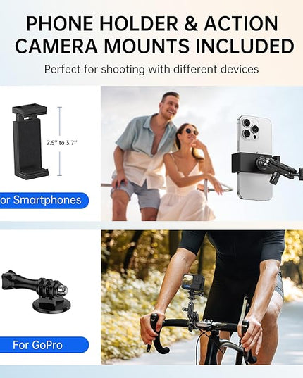 ATUMTEK Super Camera Clamp Mount with 1/4" and 3/8" Threads, Dual Ballhead Magic Arm 360° Ball Head Grip, Phone/Action Camera Mount Adapter for Canon Nikon DSLR Camera, GoPro/Insta360/INSTAX/DJI