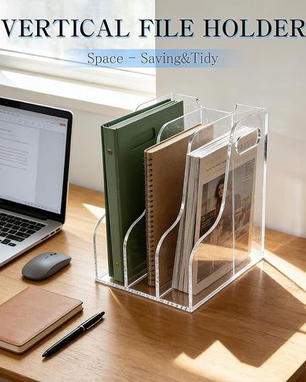 3-Tier Clear Acrylic File Holder, Vertical Document Organizer for Magazines, Binders, Notebooks & Envelopes - Multi-Purpose Desk Storage for Home Office（A4,3 Sections）