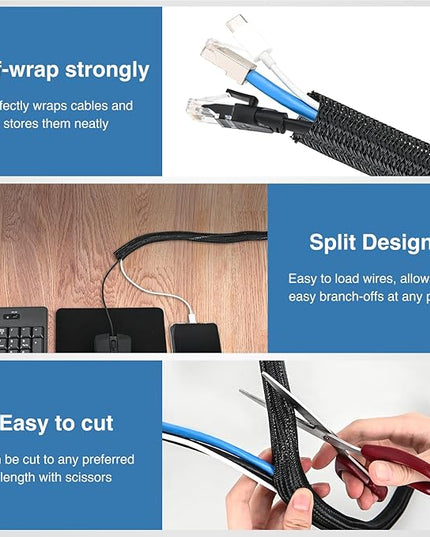 Nilight Cable Sleeve, 10ft-1/2inch Cord Management Sleeves, Braided Sleeving, Split Self Wrapping Wire Loom for Computer Electrical Automotive Harness Protector Organizer, Black